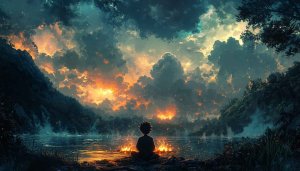 Anime Sky Wallpaper: Boy Meditating Lake Fire Scenery Desktop Background