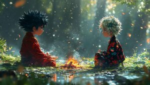 Anime Wallpaper: Two Characters by Campfire in Enchanted Forest HD