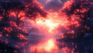 Fantasy Forest Wallpaper, Magical Landscape, Glowing Trees, Lake Reflection
