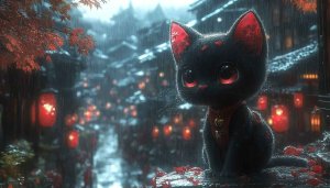 Black Cat Wallpaper: Cute, Rainy, Oriental, Lanterns, Animated, 4K