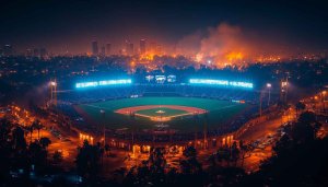 Baseball Stadium Wallpaper: Night Scene, City Lights, 4k Desktop