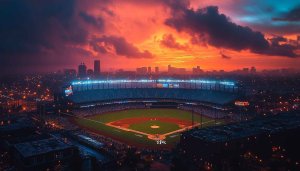 Baseball Stadium Wallpaper: Sunset Sky, Cityscape, 4K Wallpaper