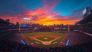Baseball Stadium Wallpaper: Vibrant Sunset over Packed Game, Sports Fan