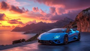 Blue Lamborghini Car Wallpaper, Automotive Backgrounds, Sunset Landscape