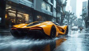 Yellow Car Wallpaper: Sports Car on Rainy City Street