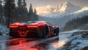 Red Supercar Wallpaper, Winter Mountain Landscape, Automotive Wallpaper, 4K