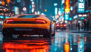 Orange Lamborghini Car Wallpaper in Rainy City - 4K HD