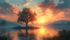 Lake Sunset Wallpaper: Nature, Tree, Landscape, 4K, Desktop Background