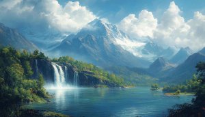 Mountain Scenery Wallpaper: Waterfall, Lake and Snow Capped Peaks
