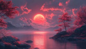Pink Moon Wallpaper: Lake, Mountains, Trees, Red Aesthetic Background