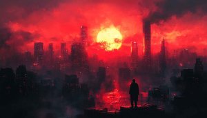 Cyberpunk Cityscape Wallpaper, Dystopian Future, Red Sky Scenery, 4k Wallpaper