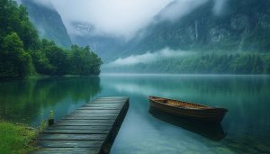 Lake Wallpaper: Misty Mountains, Boat, Dock - Scenic Landscape Images