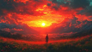 Sunset Wallpaper: Orange Sky Landscape with Person in Field