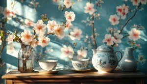 Floral Tea Set Wallpaper: Aesthetic Flower Background for Desktop