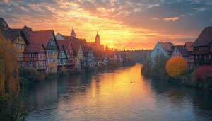Scenic Sunset Town Wallpaper: River, Buildings, Trees, Sky Wallpaper 4K