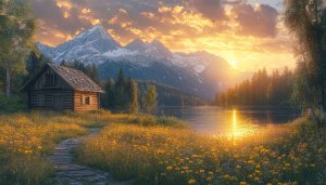Scenic Mountain Cabin Landscape Wallpaper for Desktop Backgrounds in 4k