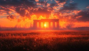 Sunset Wallpaper: Field and Ancient Ruins Scenic Landscape Background