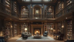Grand Library Wallpaper: Bookshelf, Fireplace, Interior, Home Office Wallpaper