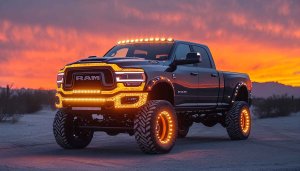 Ram Truck Wallpaper: Illuminated Off-Road Vehicle at Sunset Background