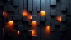 3D Cubes Wallpaper: Abstract Dark Blocks with Orange Light, 4K