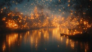 Fantasy River Village Lights Wallpaper | Scenic Desktop Backgrounds