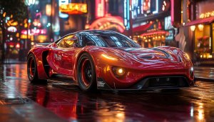 Red Car Wallpaper - Futuristic City at Night 4K