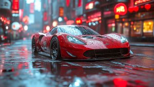 Red Car Wallpaper: Rainy Night Cityscape, Sports Car Backgrounds, 4K