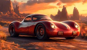 Classic Car Wallpaper: Red Porsche Speedster Desert Sunset Scenery 4K