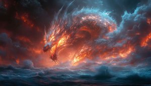 Fiery Dragon Wallpaper 4K, Fantasy Creature, Mythical Beast, Sea