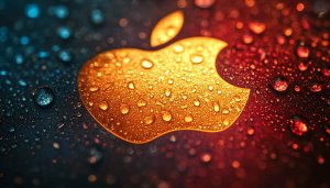 Apple Logo Wallpaper: Golden Tech Logo with Water Droplets