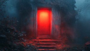 Mysterious Red Door Wallpaper: Dark Fantasy Forest 4K Background