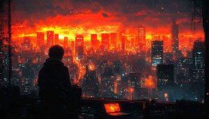 Cyberpunk City Wallpaper, Man Silhouette, Red Glow, Laptop View
