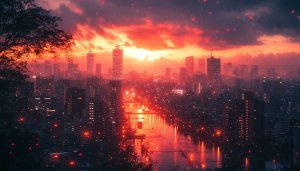 Red Tokyo Anime Cityscape Wallpaper for Desktop and Mobile