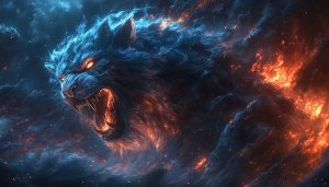 Fiery Wolf Wallpaper, Fantasy Beast Digital Art Background, 4K