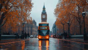 London City Bus Autumn Theme 4K Wallpaper for Desktop