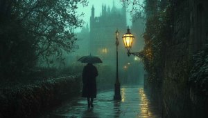 Rainy City Wallpaper: Person with Umbrella at Night, 4K Wallpaper