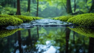 Moss Garden Wallpaper: Lush Greenery, Tranquil Reflection, Nature Ambiance