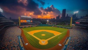 Baseball stadium wallpaper, sunset sky, sports background, HD desktop wallpaper