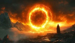 Sci-Fi Landscape Wallpaper: Enigmatic Figure, Fiery Sun, Mountains, Fantasy Theme