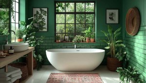 Green Aesthetic Bathroom Wallpaper, Modern Interior Design 4K Wallpaper