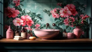 Floral Bathroom Wallpaper: Pink Flowers, Aesthetic Decor, 4K Desktop Background