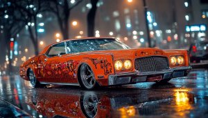 Custom Car Wallpaper: Vintage Orange Car on Rainy Night City
