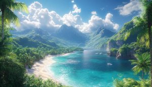 Tropical Island Wallpaper: Turquoise Ocean, Palm Trees, Mountain View 4K