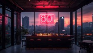 Cityscape Bar Wallpaper, Neon Lights, Sunset, Urban Skyline, 4K