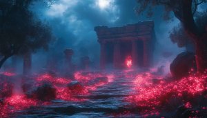Fantasy Temple Wallpaper, Glowing Flowers, Nature Wallpaper, 4k, Desktop