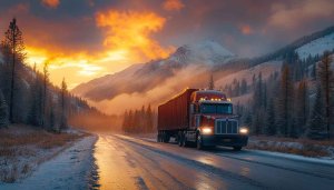 Truck Wallpaper: Winter Mountain Road, Sunset Scenery for Desktop