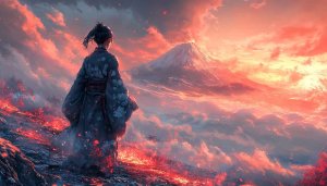 Kimono Girl with Mountain 4k Wallpaper for Desktop and Phone