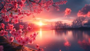 Pink Cherry Blossom Wallpaper, Spring Sunset Lake, Scenic Landscape