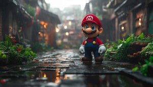 Mario Wallpaper: Super Mario in Realistic Rainy Alleyway Background