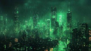 Green Cityscape Wallpaper: Rainy Night Urban Scene, 4K Wallpaper